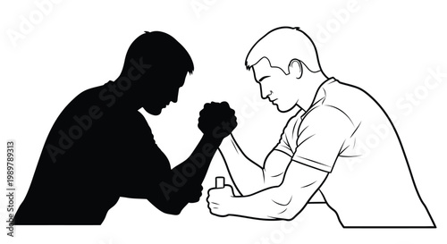 Two men engage in an intense arm wrestling match black silhouette