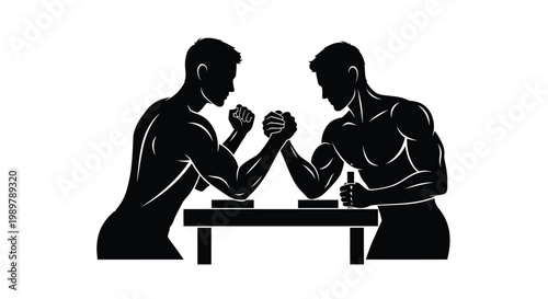 Two muscular men engage in an intense arm wrestling match silhouette