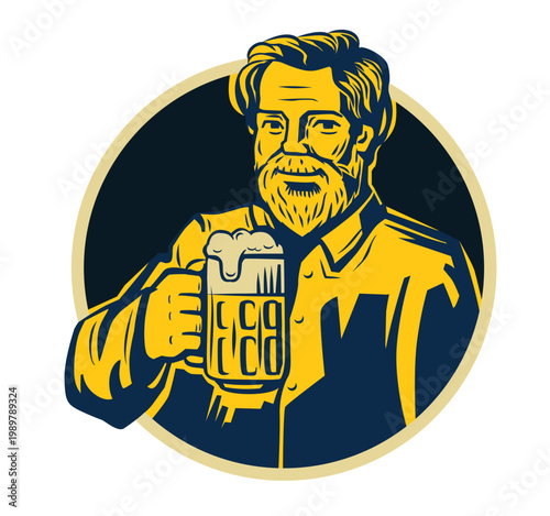 Bearded Man Drinking Beer Vintage Illustration