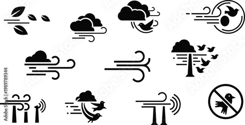 Wind and Environmental Impact Icon Set Featuring Wind Flow Clouds Birds and Ecological Symbols