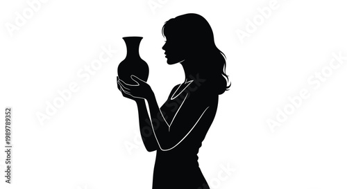 Woman admiring a vase in a striking black silhouette