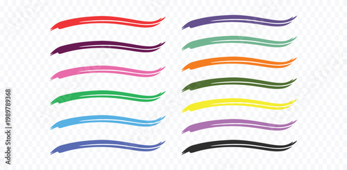 Abstract colorful brush marker and strokes with elegant wavy lines set,
hand-drawn underline and scribble border texture elements vector illustration