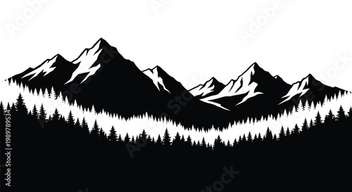 Dramatic mountain range with evergreen forest a bold black silhouette