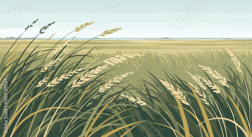 Golden wheat field swaying in the wind under a clear sky, natural landscape.