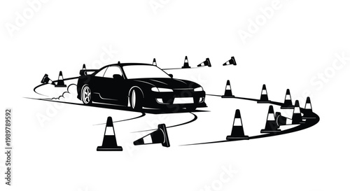 Drifting car navigates a course of cones black and white silhouette
