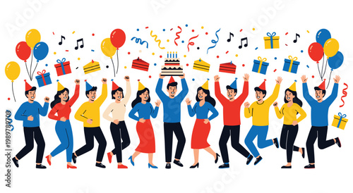 Cheerful people wearing party hats dancing together in celebration. Flat vector scene featuring cake presents balloons and confetti. Festive atmosphere for anniversary and social gathering event.