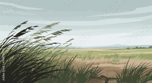 Windy Meadow Landscape with Tall Grasses Swaying