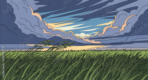 Dramatic Cloudy Sky Over Grassy Field at Sunset