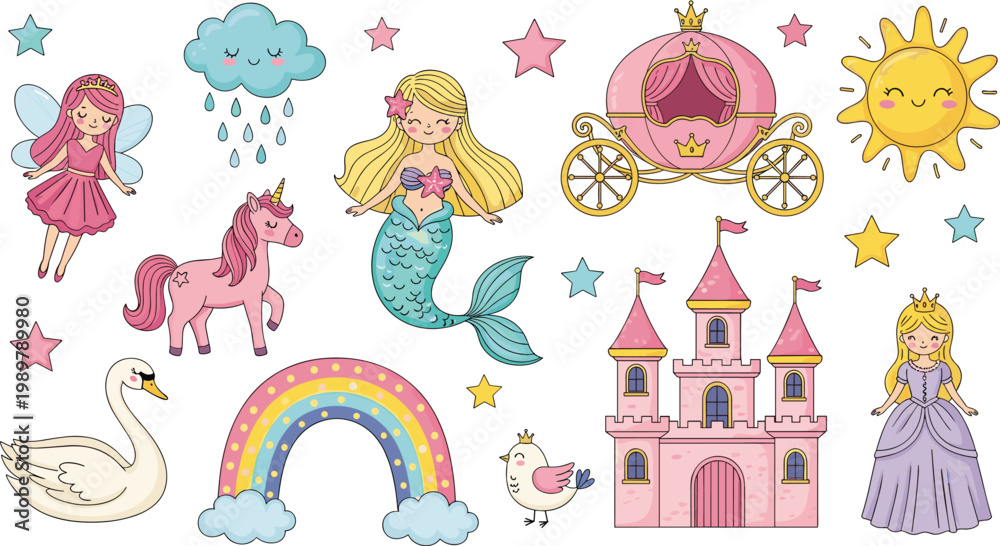 Naklejka premium Fairy Tale and Princess-Themed Illustrations with Unicorn, Mermaid, and Castle for Kids' Art, Magical Designs, and Dreamy Decor