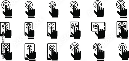 Touchscreen Interaction and Mobile Device Tap Icon Set Featuring Gesture Control Smartphone Tablet and Fingerprint Touch Control