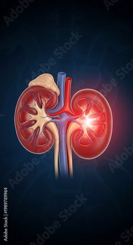 Anatomical representation illustrates one healthy and one diseased human kidney organ