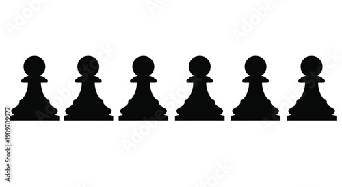 A row of black chess pawns against a white background silhouette