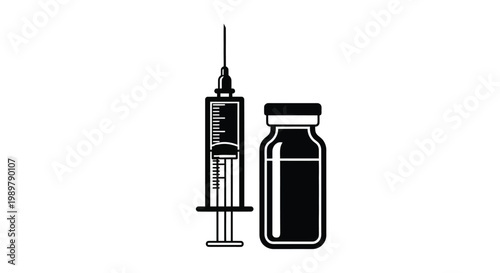 Medical syringe and vial presented in a stark black silhouette