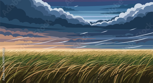 Pixel Art Landscape: Stormy Sky Over Grassy Field at Dusk