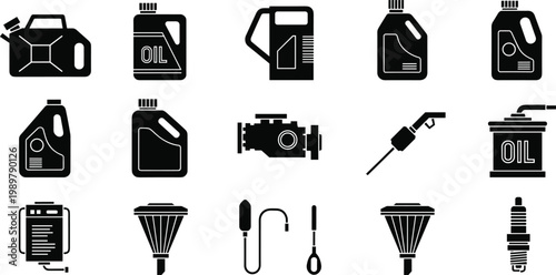 Automotive Oil and Engine Maintenance Icon Set Featuring Motor Oil Containers Filters Spark Plug and Car Service Tools Collection
