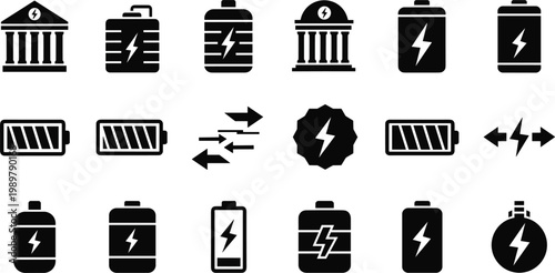 Battery Energy Storage and Power Icon Set Featuring Charging Levels Electricity Symbols Renewable Energy and Electrical System Elements