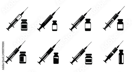 Medical supplies featuring syringes and vials in a black silhouette