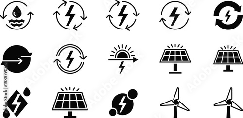 Renewable energy and green power icon set with solar panels wind turbines electricity symbols sustainable eco technology vector collectionRenewable energy and green 