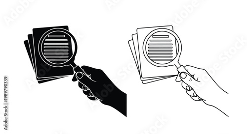 Hand holding magnifying glass over cards duplicated in line art silhouette
