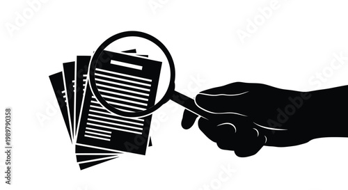 Hand holding documents under a magnifying glass black silhouette