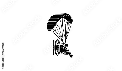 A minimalist black vector icon of a paramotor on a solid white background. The paramotor shows the pilot suspended below a circular paraglider wing with a rear-mounted propeller. The icon emphasizes c