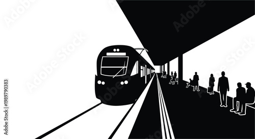 A modern train arrives at a station with waiting passengers silhouette