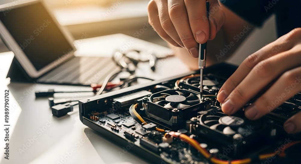 Fototapeta premium Close-Up of Hands Repairing a Computer Motherboard with Screwdriver and Tools