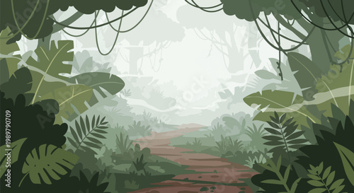 Misty Jungle Path with Lush Tropical Foliage and Hanging Vines