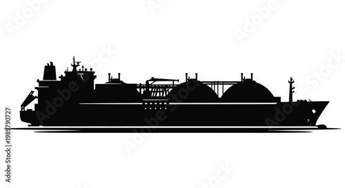 Large black ship with spherical tanks a striking silhouette