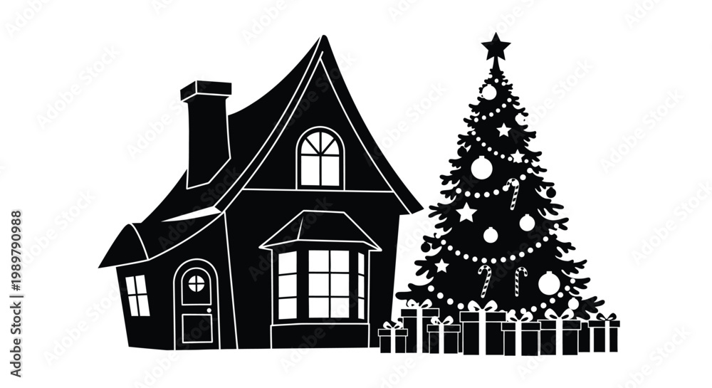 Fototapeta premium Festive house and christmas tree illustration in stark silhouette