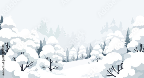 Winter forest landscape with snow-covered trees and misty mountains