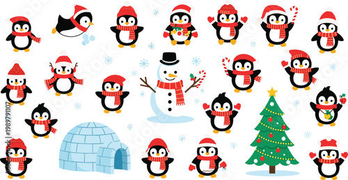 Festive Penguin Characters with Christmas Tree, Snowman, and Igloo for Winter Holiday Illustrations and Fun Designs