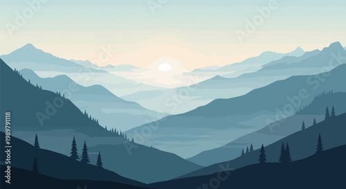 Serene Mountain Landscape at Sunrise, Misty Valley, Layered Peaks, Foggy Horizon