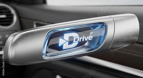 Sleek metallic electronic accessory illuminates with bright digital signage inside an automobile cabin
