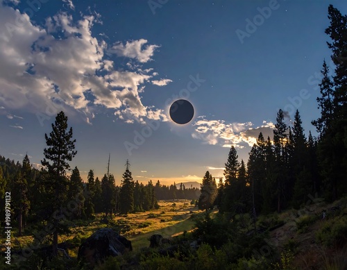 Stunning photo of a solar eclipse over a forest landscape at dusk. The moon blocks the sun, creating a celestial show