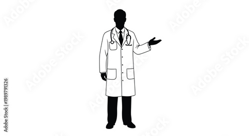 Doctor in a white coat gesturing a striking black silhouette