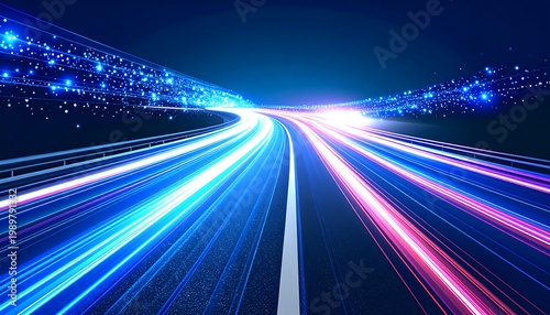 Light streaks on a highway at night, long exposure. Blue and pink motion trails curve into vanishing point