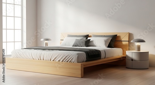 Modern bedroom interior design featuring a light wood platform bed bathed in natural light