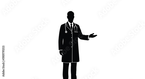 A doctor in a lab coat presenting with an open palm silhouette