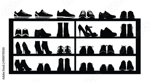A collection of diverse shoes displayed on a black shelf silhouette