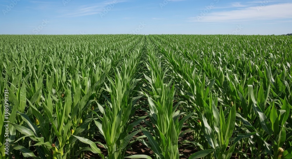 Fototapeta premium Lush green corn stalks in a dense field under blue sky