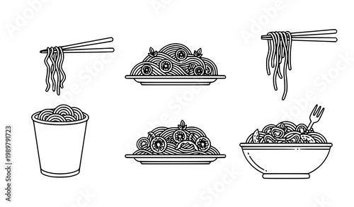 Pasta dish gastronomy collection icons set vector thin line noodle cup spaghetti plate and bowl illustration isolated white background