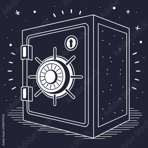 Secure metal safe vault illustration with dial combination lock on dark starry night background security protection combination treasure valuables strongbox celestial background futuristic