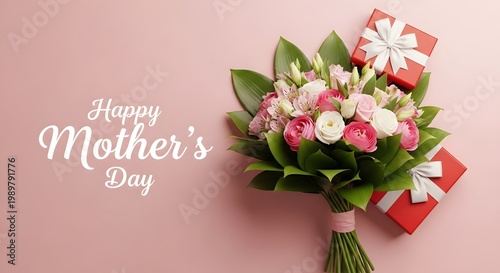 Happy mother's day floral arrangement with roses and ribbon