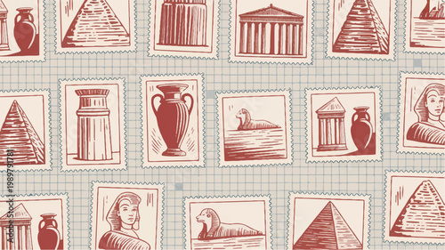 Ancient Greece and Egypt postage stamp pattern with historical monuments and artifacts in vintage sketch style