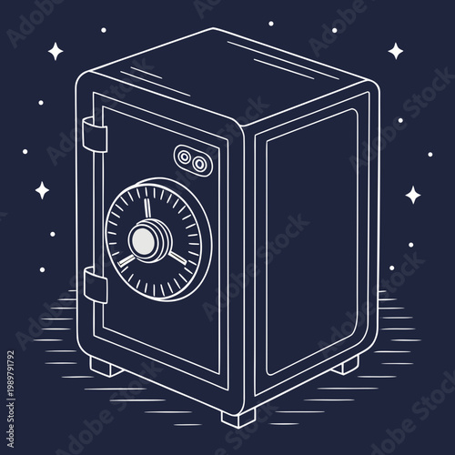 Isometric metal safe box with combination lock dial illustration on dark background with stars security isometric protection combination container strongbox celestial background conceptual