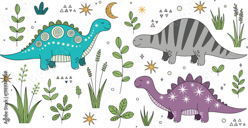 Playful Dinosaur Characters with Nature Elements for Kids' Designs, Educational Illustrations, and Digital Art Projects