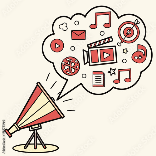 Megaphone broadcasting digital media icons and symbols representing social media marketing content strategy public relations concepts megaphone announcement marketing communication strategy