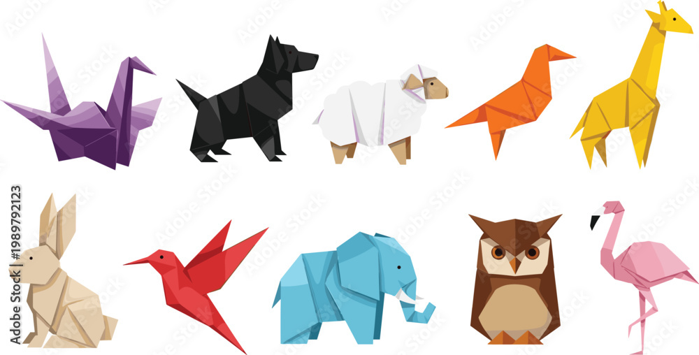 Fototapeta premium Colorful Origami Animal Collection Featuring Birds, Mammals, and Reptiles for Creative Design, Education, and Art Projects