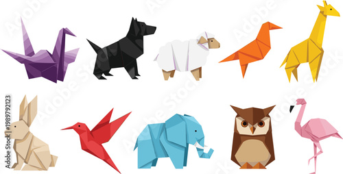Colorful Origami Animal Collection Featuring Birds, Mammals, and Reptiles for Creative Design, Education, and Art Projects